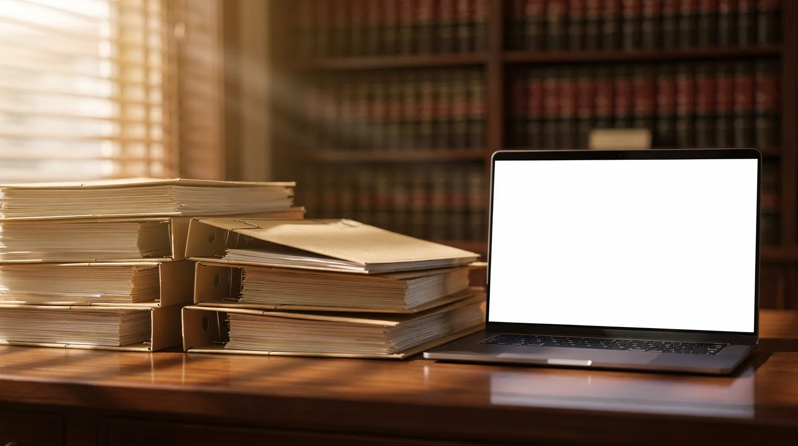 Stacks of case files and a laptop on a law office desk in warm afternoon light