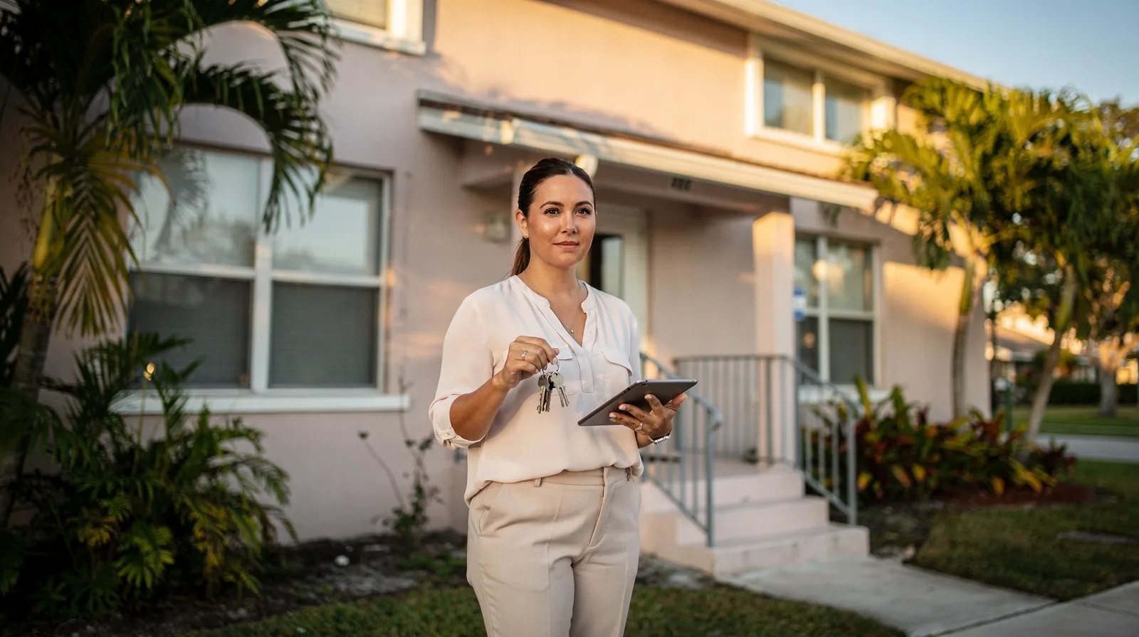 A property manager holding keys and a tablet outside a small apartment building