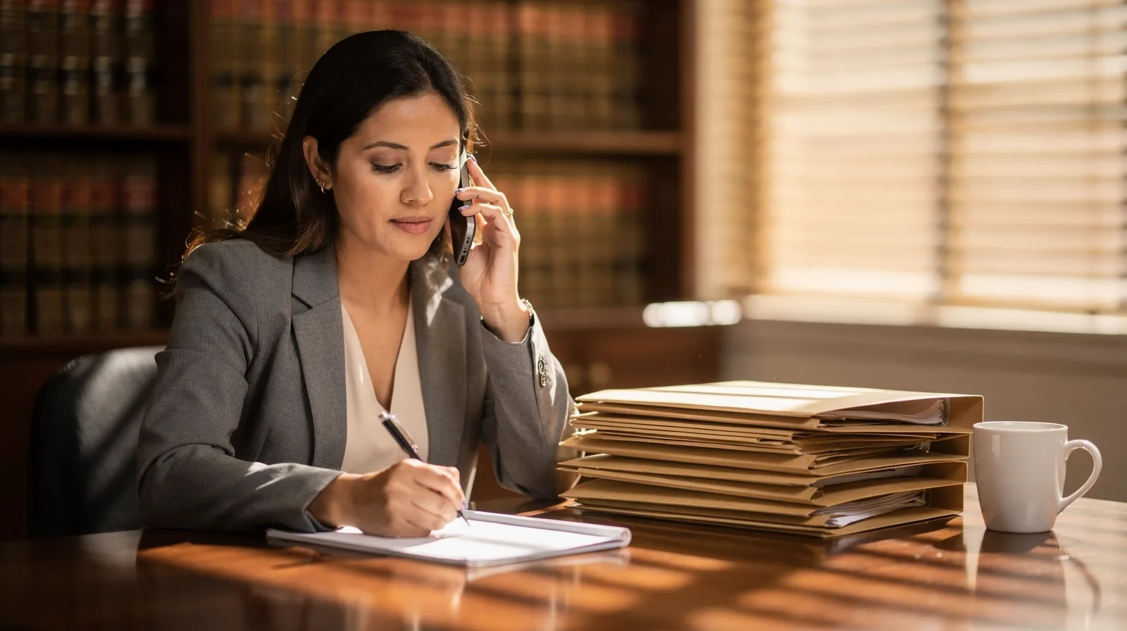 A paralegal on a phone call taking notes at a law office desk