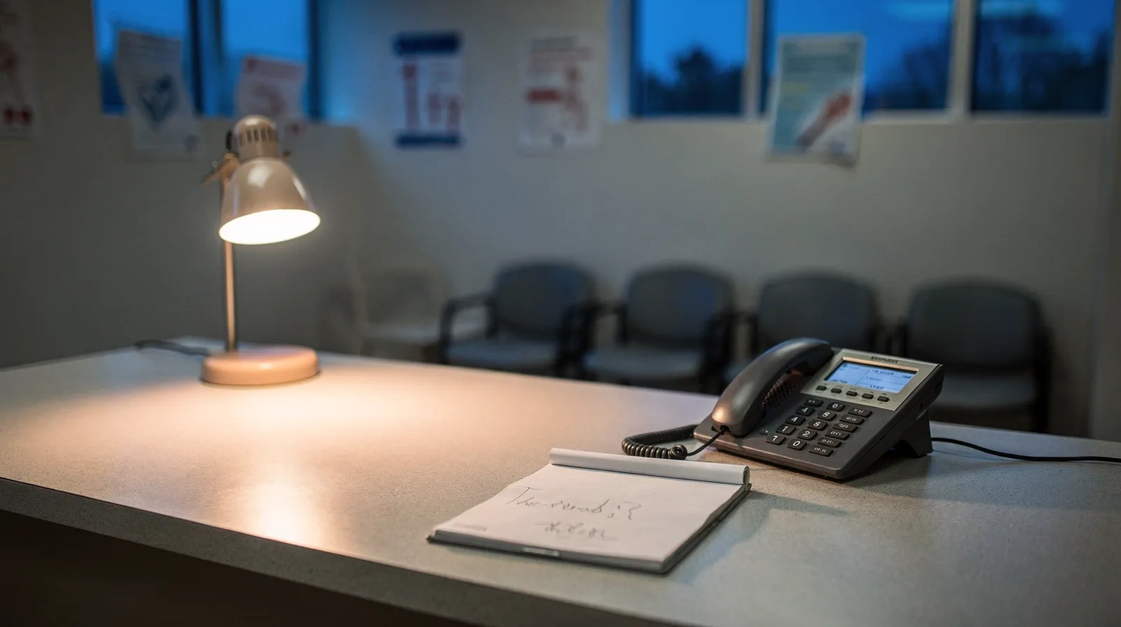 A quiet clinic front desk at dusk with a desk phone and a notepad under a lamp