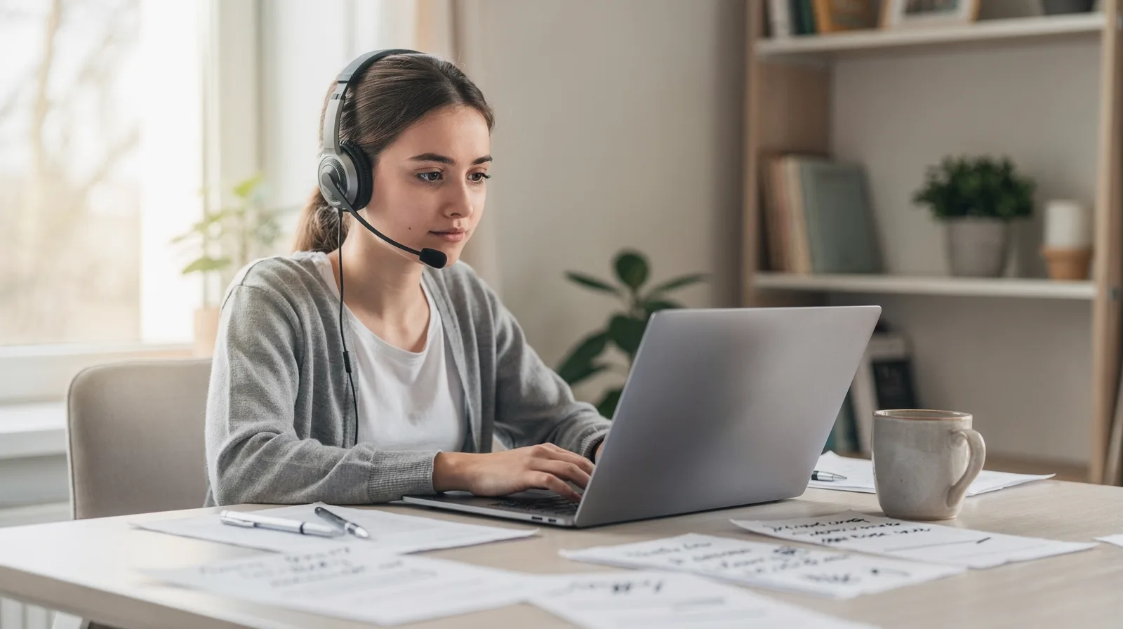 A remote assistant with a headset working on a laptop in a bright home office