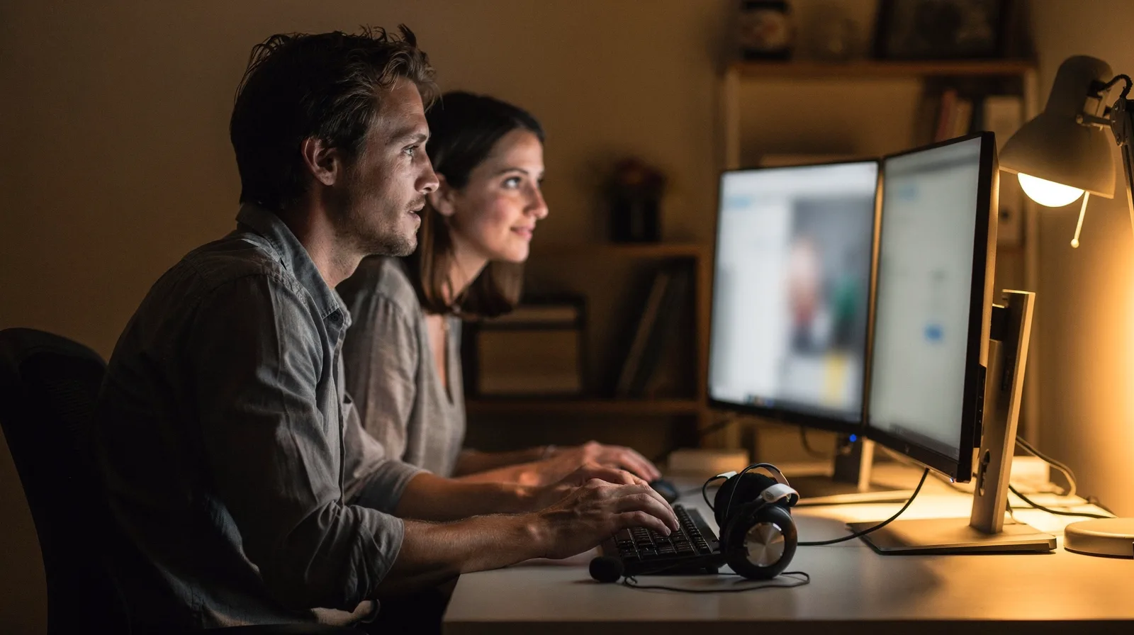 Two software developers working side by side at a desk with two monitors in the evening, a headset on the desk