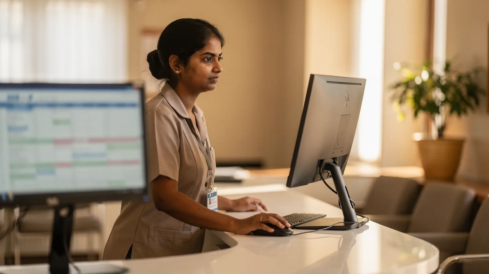 A medical receptionist checking an appointment calendar on a monitor at a clinic desk