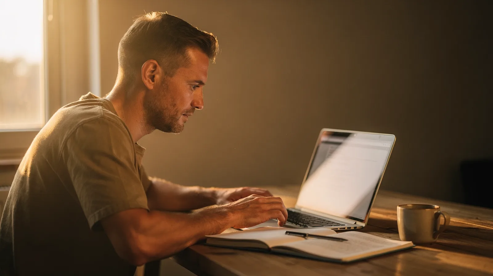 A web developer reviewing work on a laptop at a wooden desk with a notebook and a coffee cup
