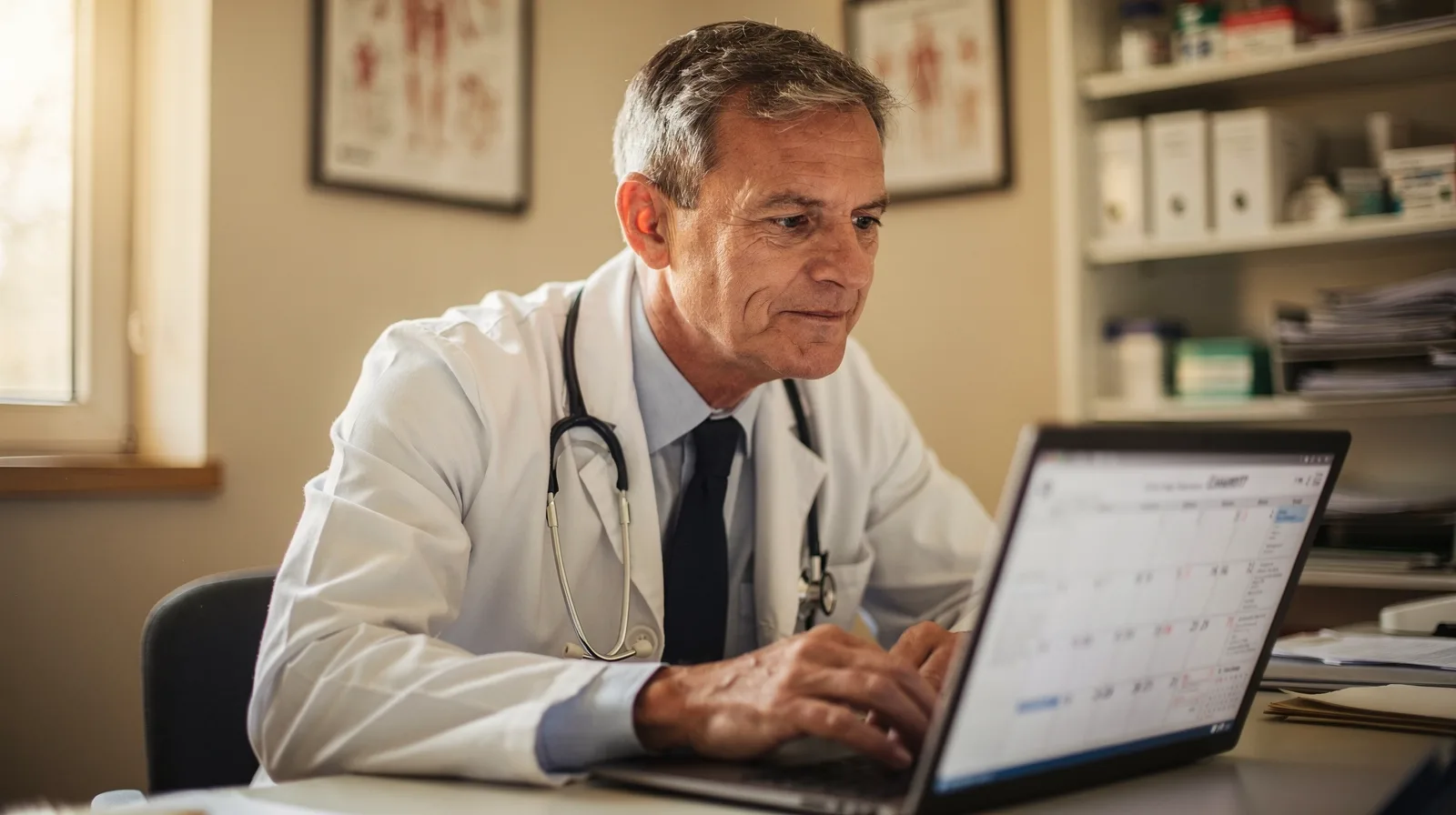 A physician reviewing a full calendar of booked appointments on a laptop in a clinic office