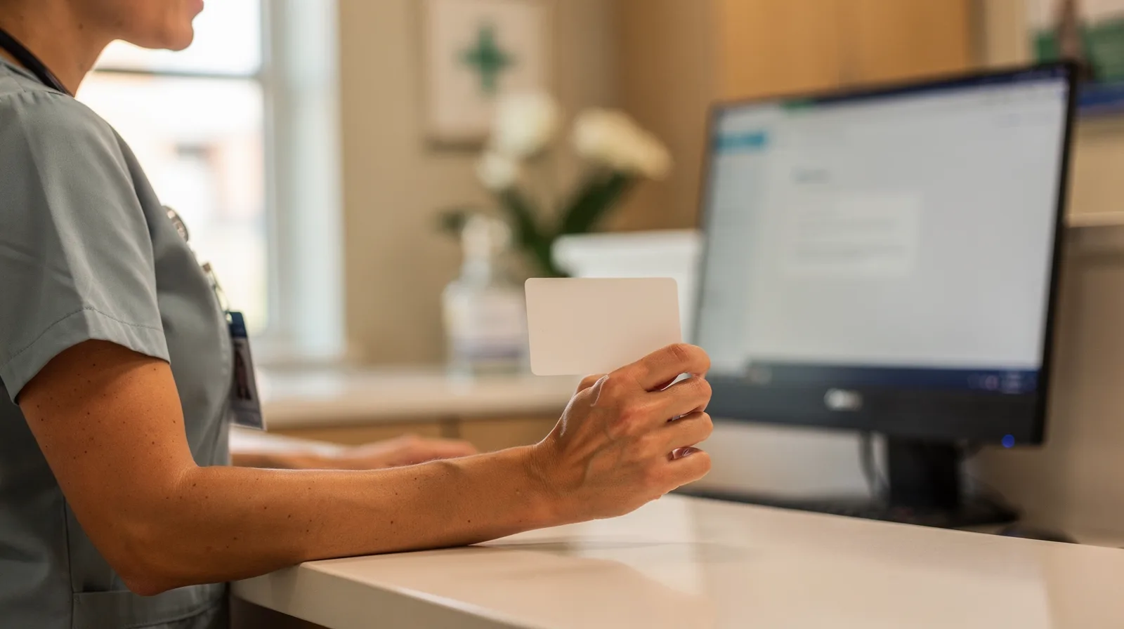 A front desk worker holding an insurance card beside a computer at a clinic reception desk