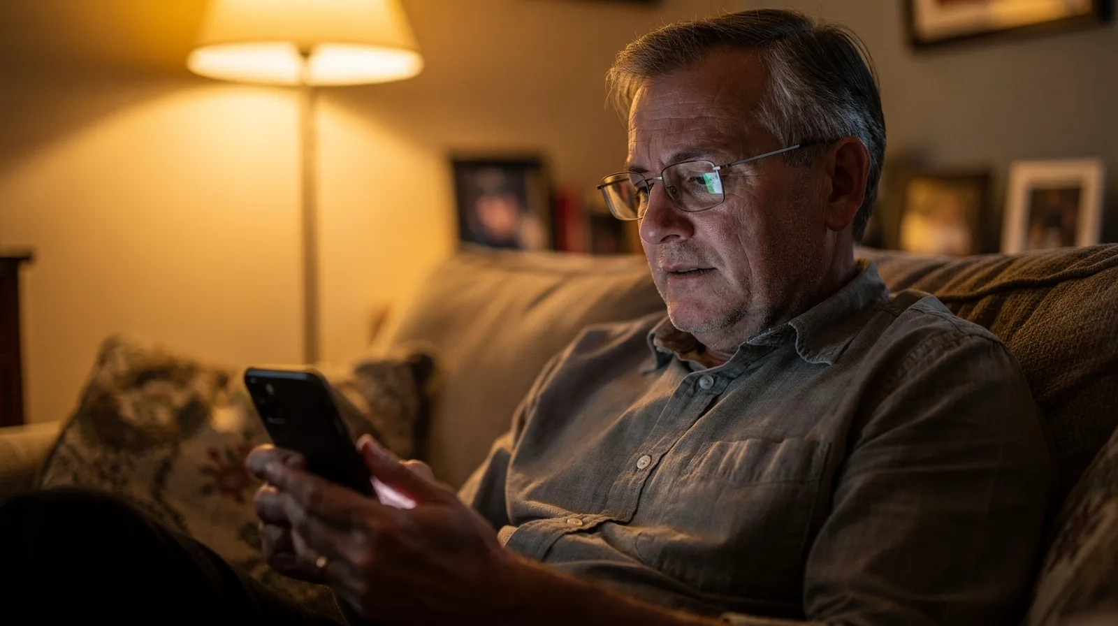 A man in his sixties looking up a doctor on his phone at home in the evening