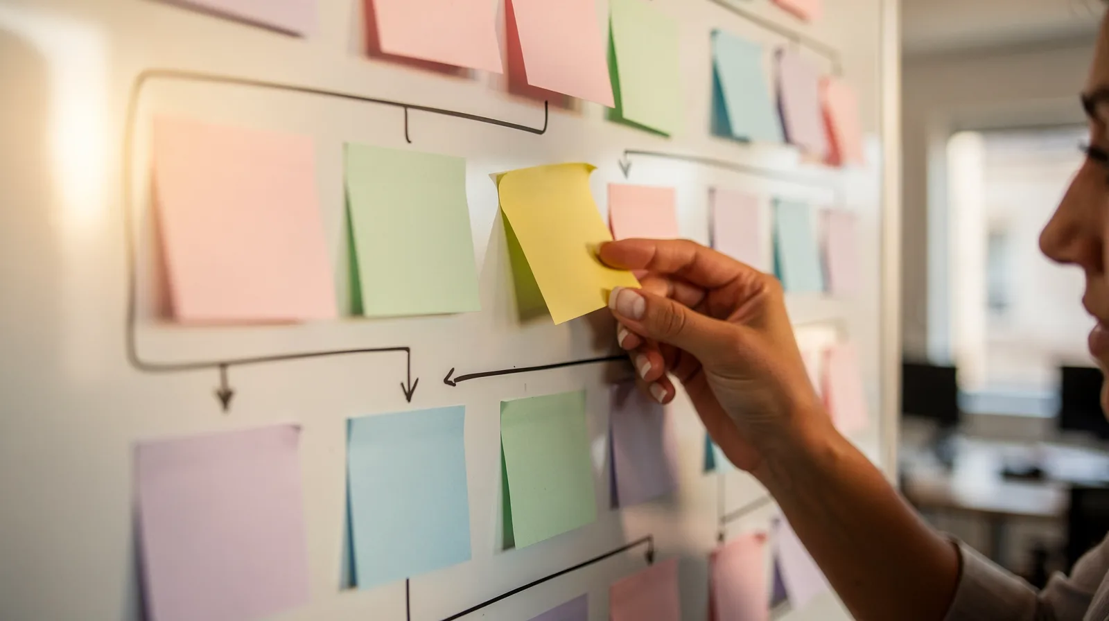 A hand placing a sticky note on a whiteboard flowchart of pastel notes and marker arrows