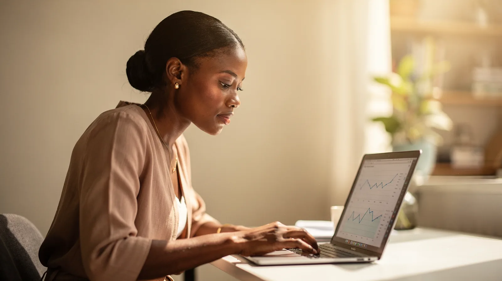 A business owner looking at line charts on a laptop