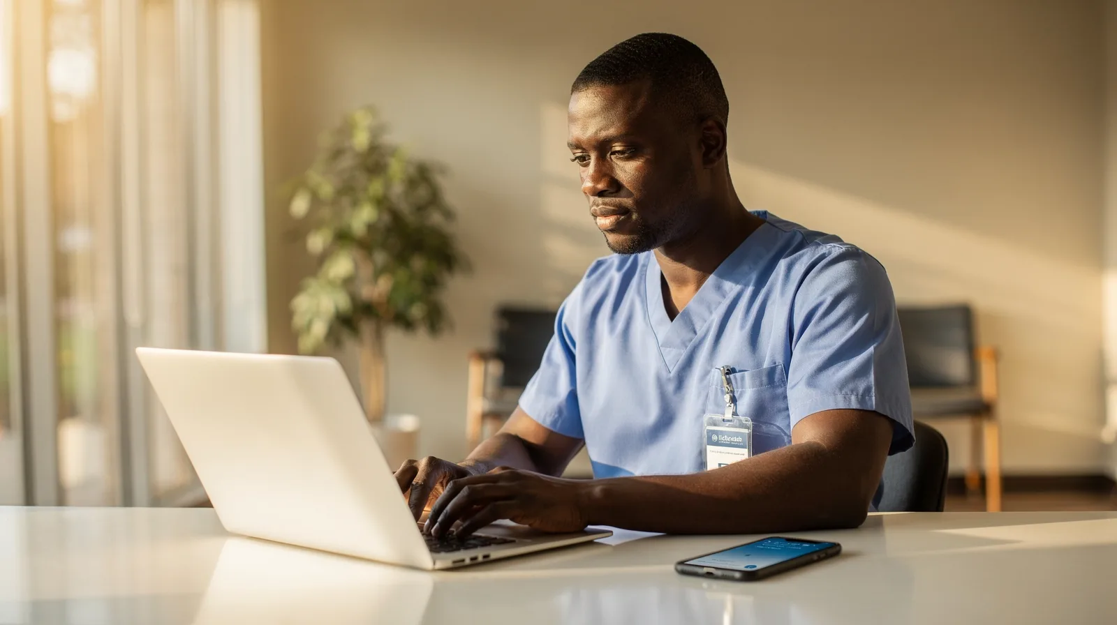 A clinic staff member working on a laptop with a phone notification lit up beside him