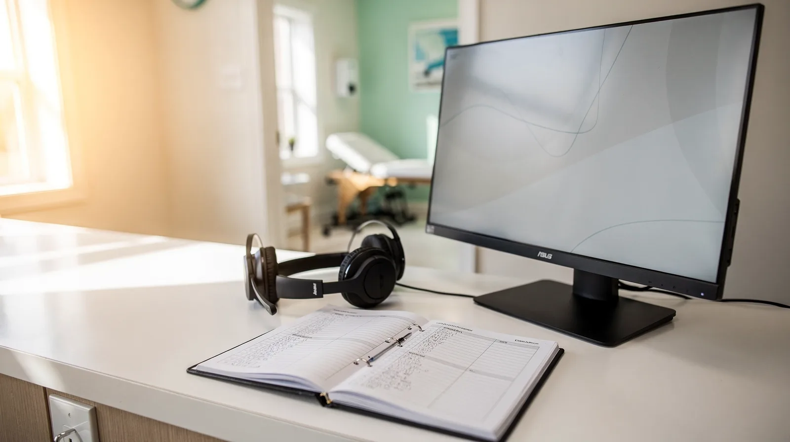 A chiropractic clinic front desk with a headset and appointment book beside a monitor