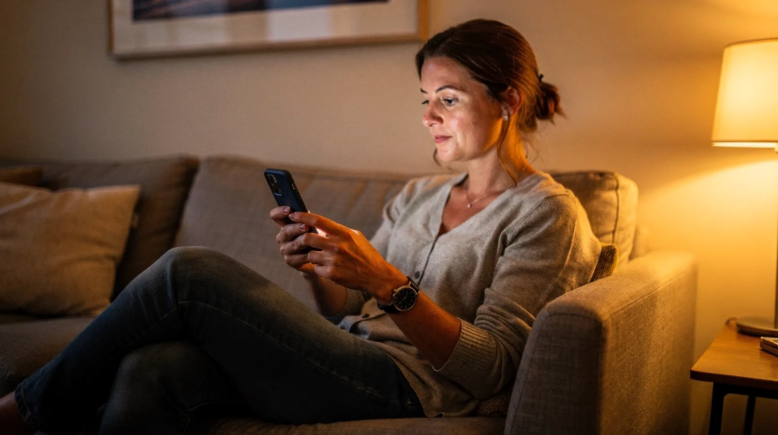 A woman sitting on a sofa in the evening looking at her smartphone