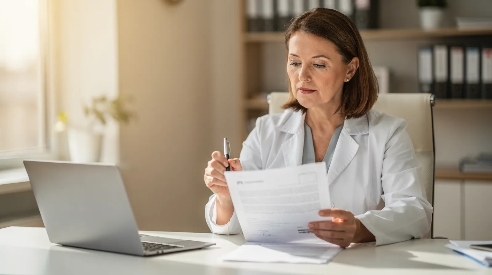 A physician reading a printed contract with a pen in hand at her office desk