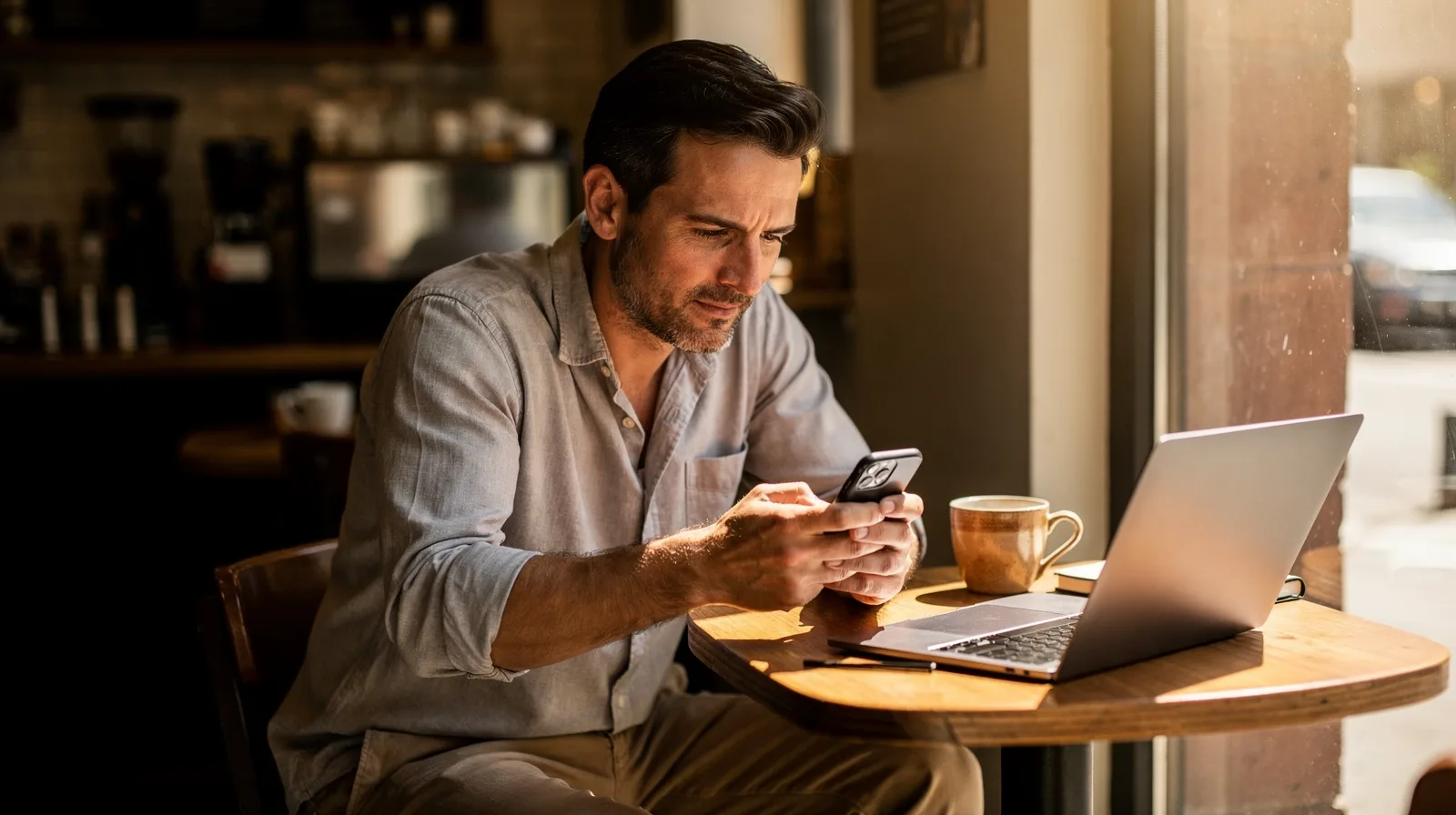 A business owner reading a text message reply on his phone beside a laptop