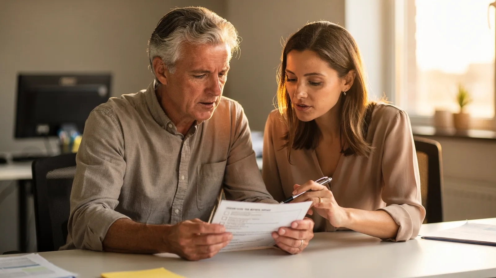 Two colleagues reviewing a printed checklist together at an office desk
