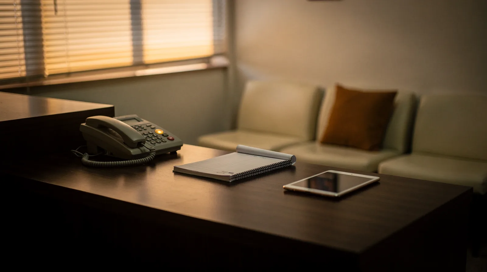 An empty clinic reception desk in the evening with a desk phone and tablet