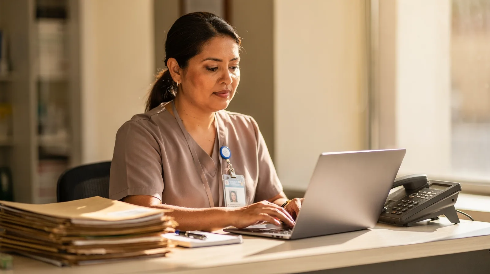 A clinic coordinator reviewing a short list of flagged tasks on a laptop at a tidy front office desk
