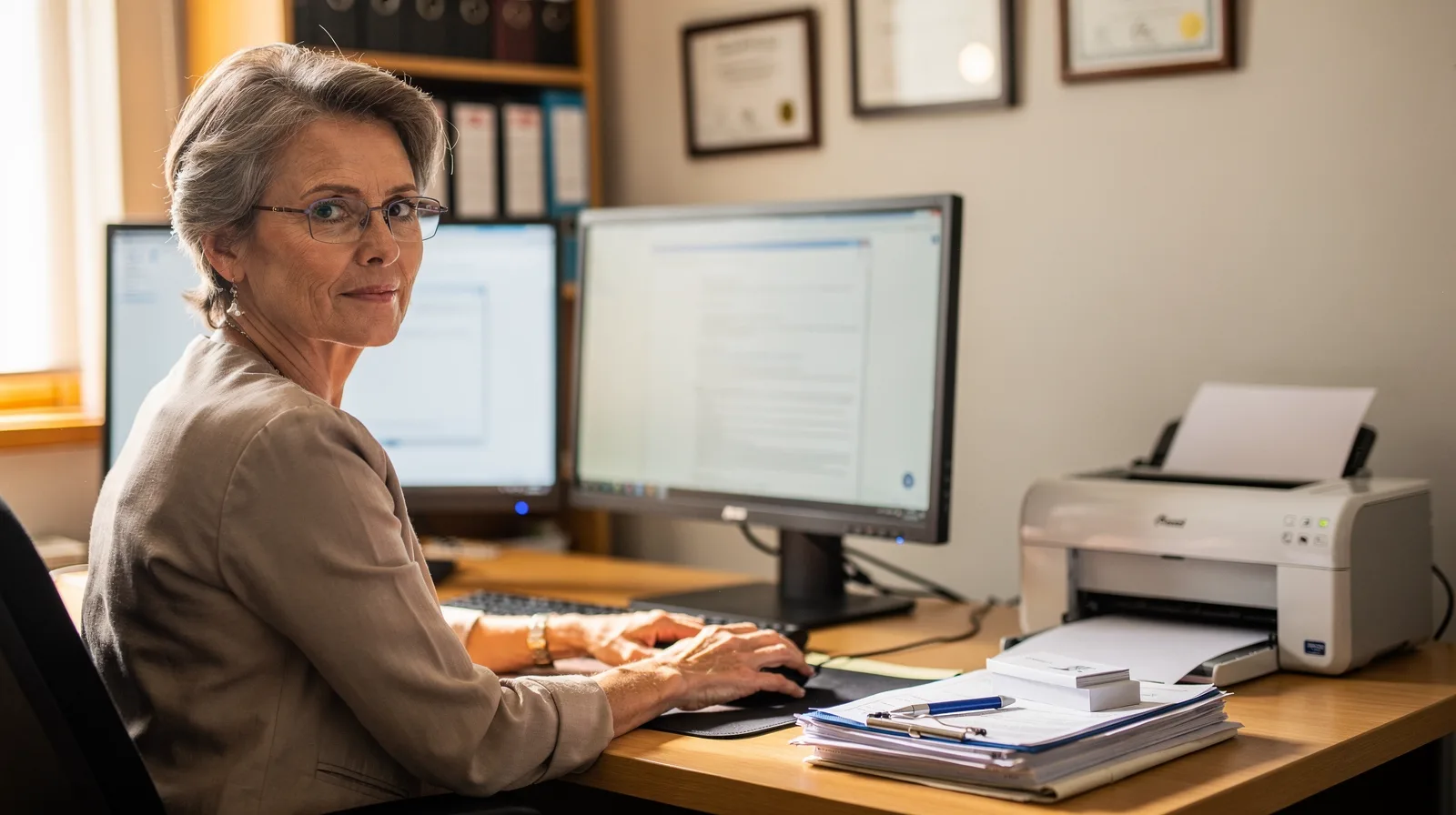 A practice manager at a desk with two monitors while documents print in the background