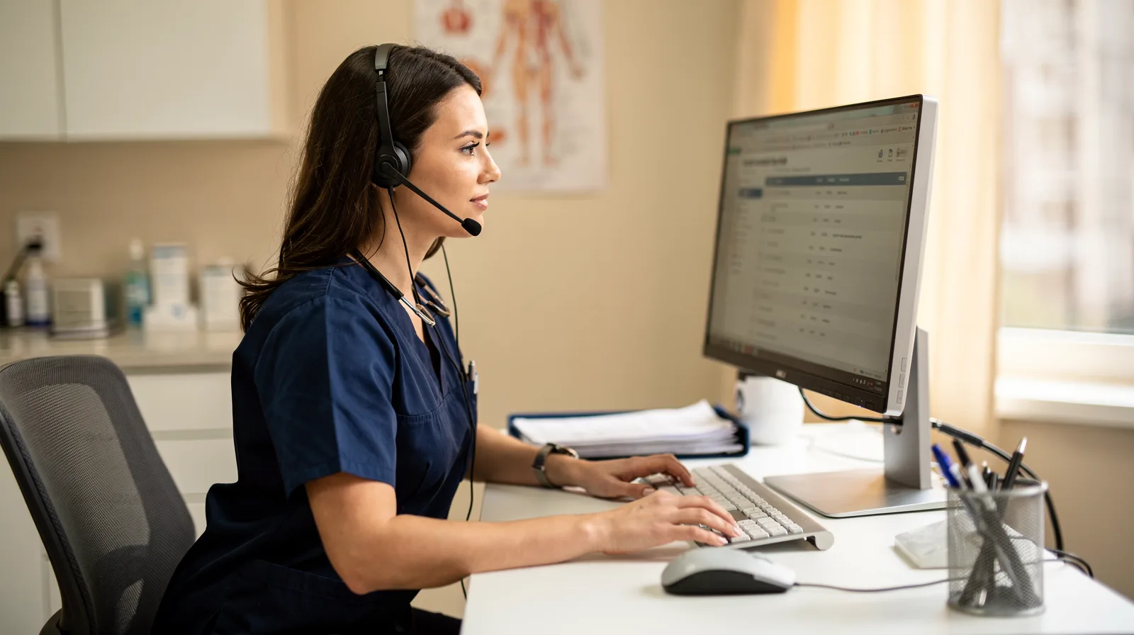 A medical assistant in navy scrubs reviewing a task list on a computer at a dermatology clinic workstation
