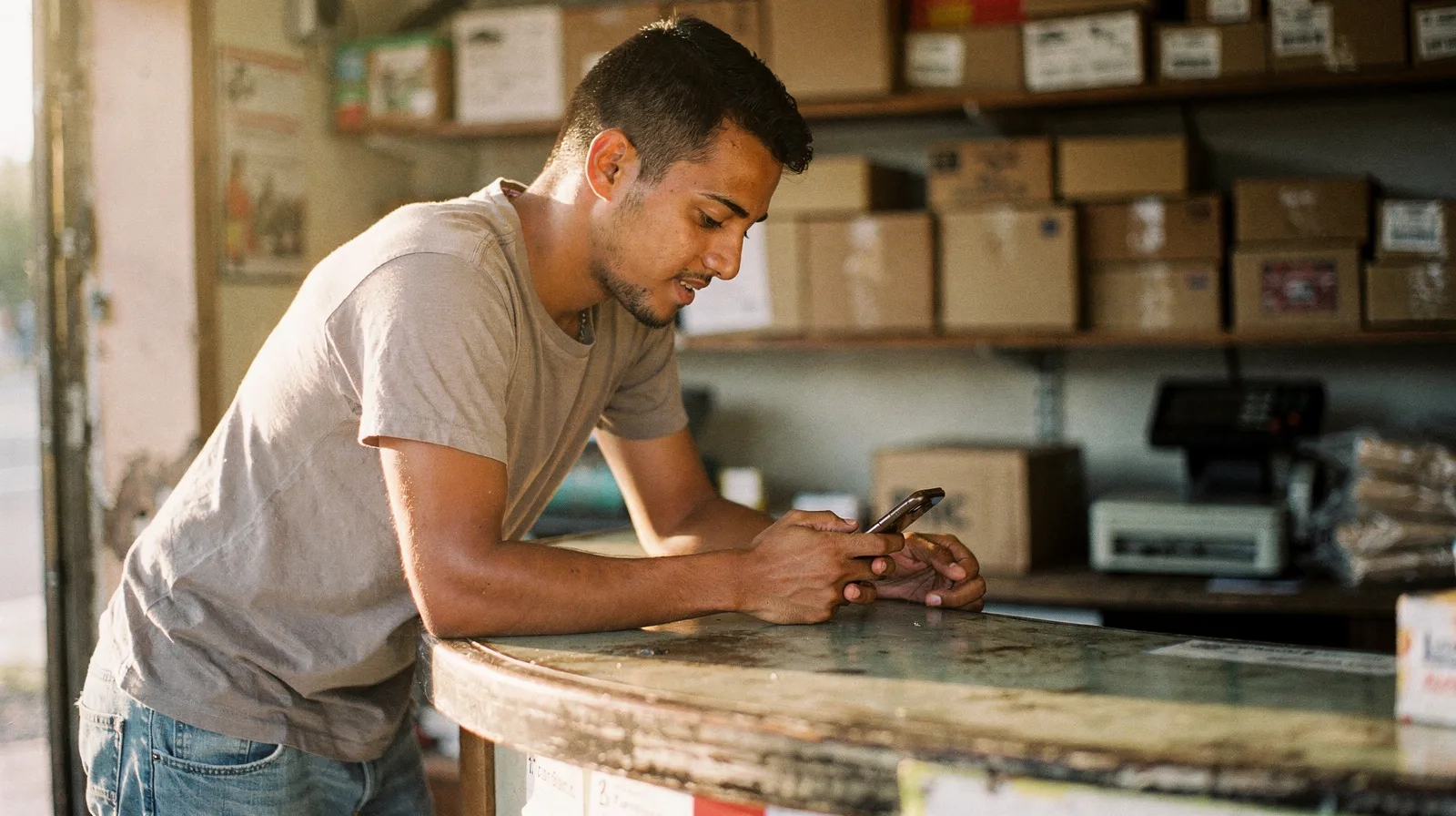 A customer typing a message on a phone at the counter of a small Miami shipping business