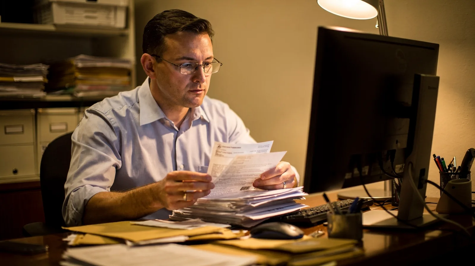 A medical billing specialist sorting printed insurance letters at a desk next to a computer monitor