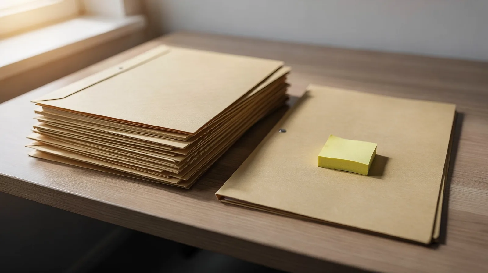 A neat stack of finished folders beside a single folder flagged with a sticky note